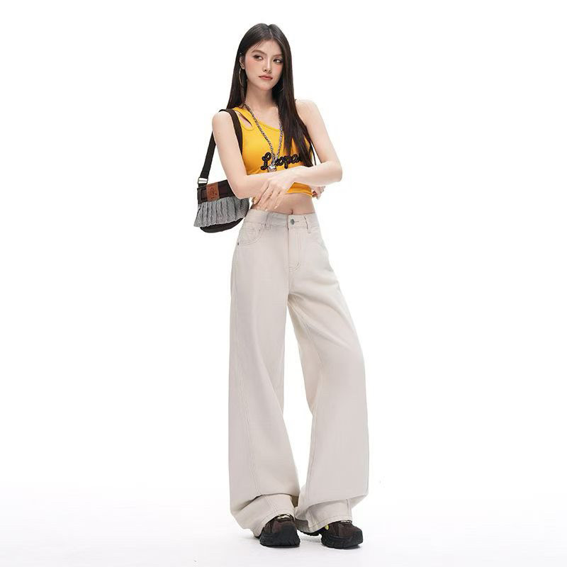 夏季浅杏色阔腿牛仔裤新款女无弹刺绣翻盖设计显瘦杏色裤子高腰