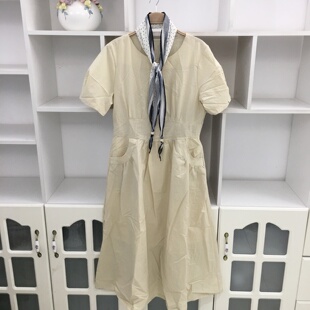 韩版丝巾圆领短袖衬衫裙连衣裙女收腰显瘦中长款简约A字裙