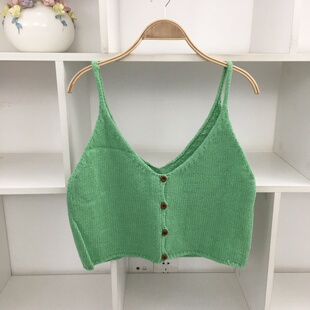 春季 韩系V领针织吊带背心女绿色纽扣叠穿内搭小个子针织马甲上衣