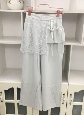 夏季高腰蕾丝拼接直筒阔腿裤宽松休闲裤女显瘦垂感屁帘裤白色长裤