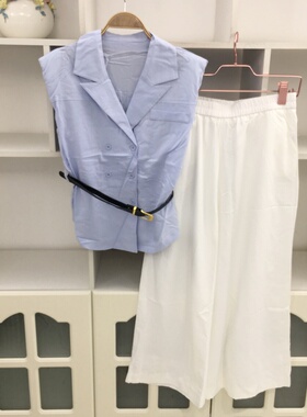 夏西装领无袖浅蓝色双排扣衬衫衬衣+阔腿裤显瘦休闲通勤气质套装