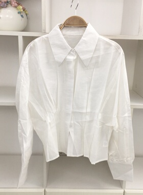 法式设计感收腰荷叶边翻领长袖白色衬衫女百搭气质时尚衬衣上衣
