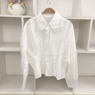 女百搭气质时尚 白色衬衫 衬衣上衣 设计感收腰荷叶边翻领长袖 法式