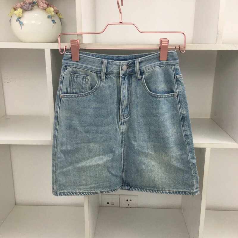 高腰浅蓝色牛仔中裙半身裙直筒裙A字半身短裙显瘦百搭辣妹风半裙