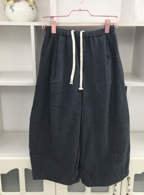 高腰松紧腰复古抽绳深灰色加绒款卫裤阔腿裤女宽松显瘦8分弯刀裤