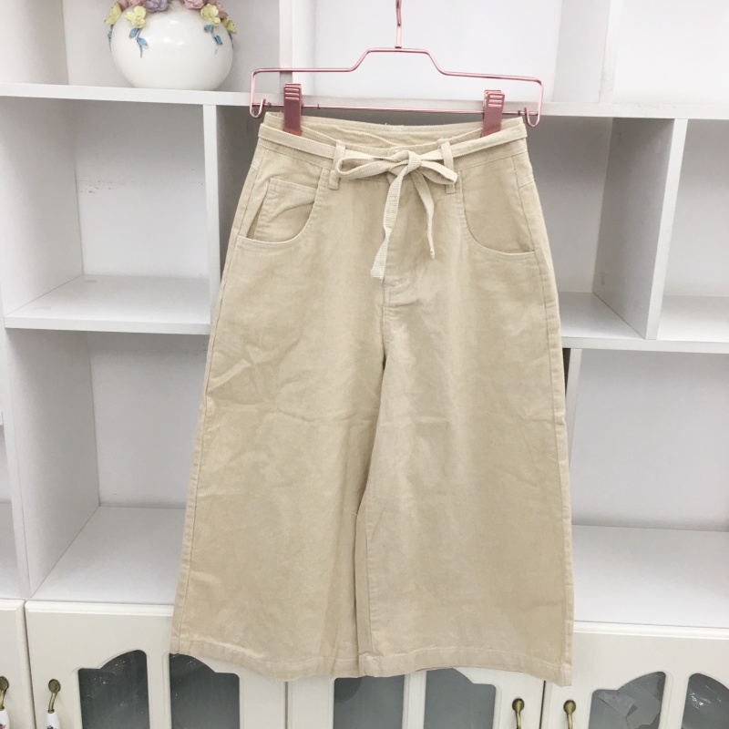 高腰灯芯绒直筒阔腿裤5分裤中裤