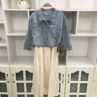 春夏季两件套套装翻领中袖浅蓝色牛仔衬衫外套+白色吊带裙连衣裙