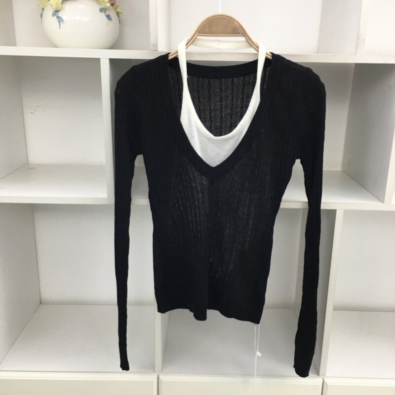 春季撞色两件套挂脖背心+V领长袖套头编织麻花针织衫叠穿短款上衣