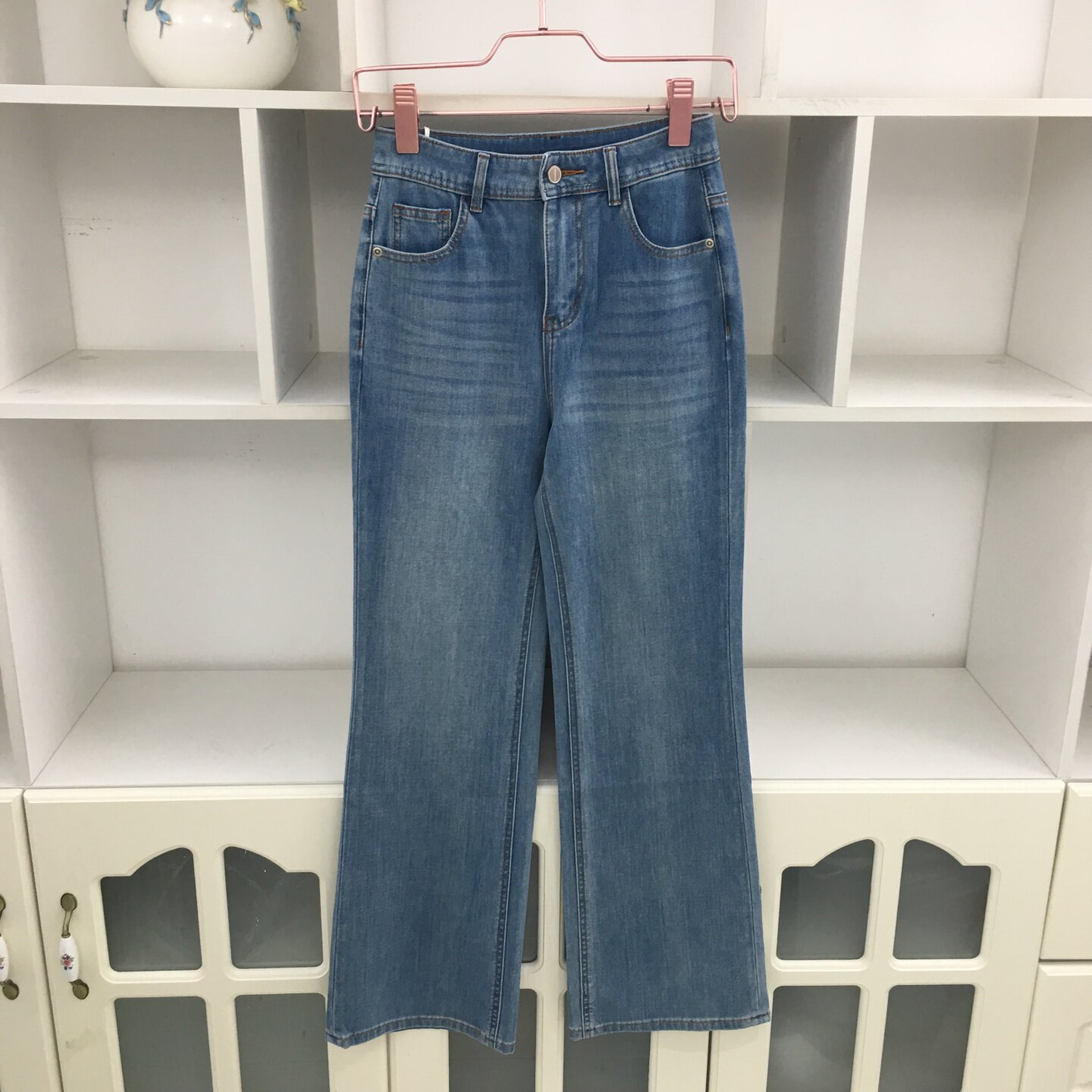 高腰蓝色四面弹力牛仔裤女直筒阔腿裤显瘦百搭休闲裤微喇裤喇叭裤