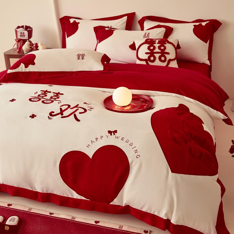 新疆包邮中式婚庆四件组纯棉大红色床单被罩高档全棉结婚陪嫁婚房