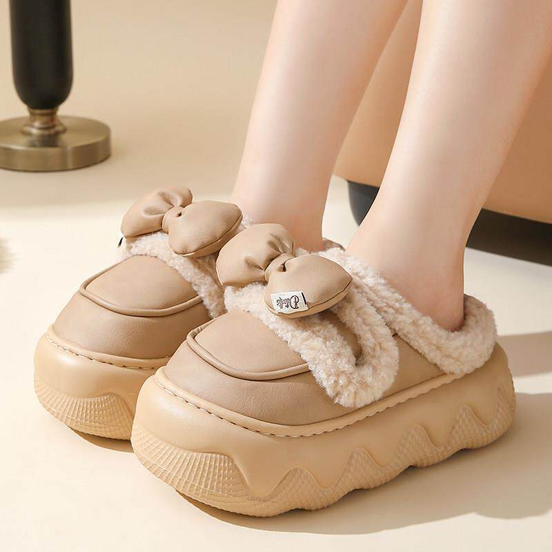 新疆包邮防水PU皮棉拖鞋女款厚底增高蝴蝶结拖鞋冬季加厚保暖外出