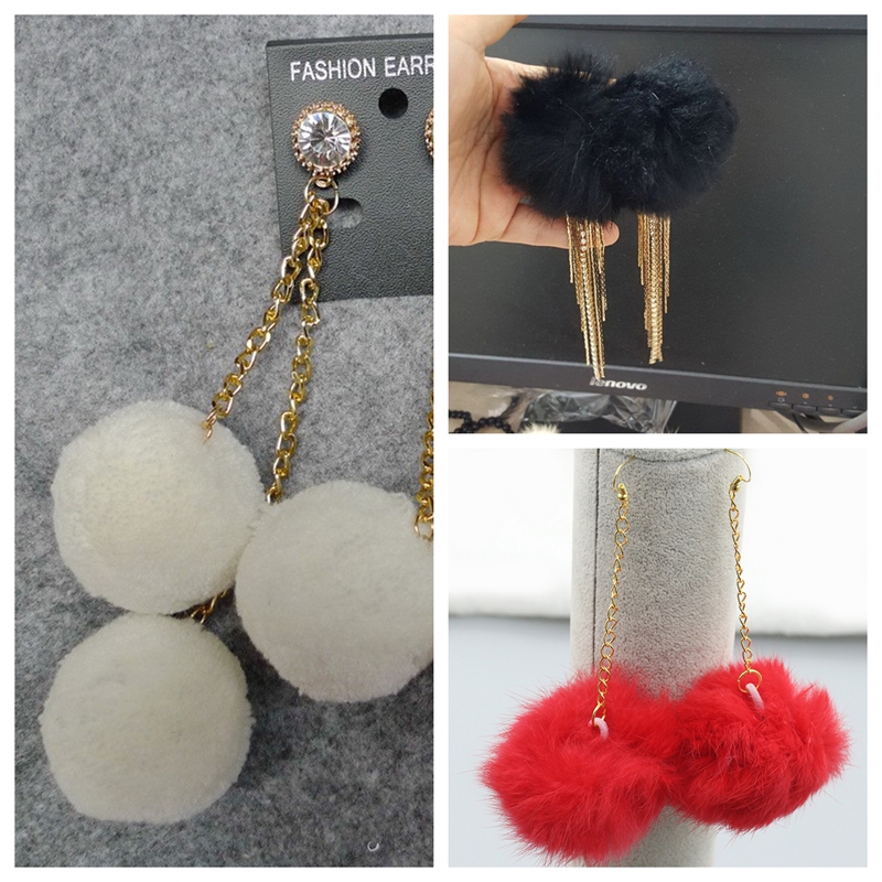 新品秋冬貂绒小众温暖甜美兔毛毛球黑色白色玫红长兔毛球耳环耳饰