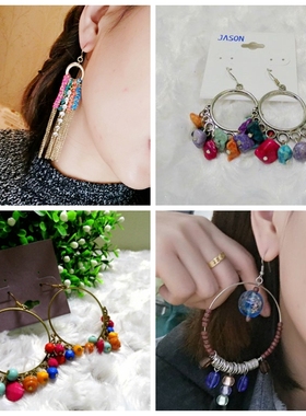 森女蓝色特色圈圈石头耳环网红同款显瘦耳坠波西米亚耳饰饰品全新