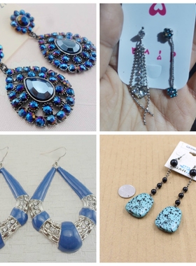 精美潮女蓝色水钻金色镂空流苏造型耳环中古个性显瘦耳坠波西米亚