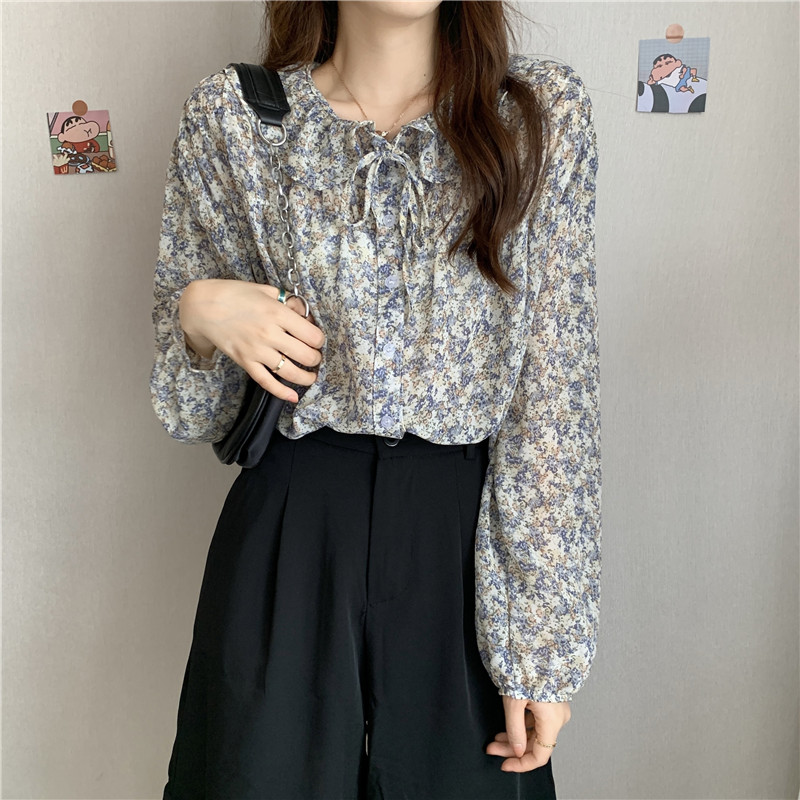 Real price Chiffon Ruffle floral sweet lace up shirt girl