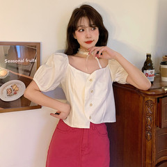 Real price sweet bubble sleeve personalized button short sleeve top