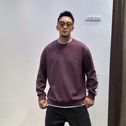加绒厚款运动休闲卫衣男士秋冬修身圆领套头纯色百搭假两件打底衫