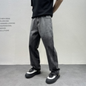 高街复古微宽直筒牛仔裤 男冬季 个性 JIDERE美式 渐变水洗拖地长裤 子