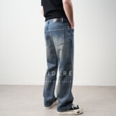 美式 加绒厚宽松百搭有型长裤 复古水洗浅蓝色弹力直筒牛仔裤 男冬季