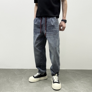 百搭宽松小脚简约老爹裤 JIDERE日系复古水洗抽绳休闲牛仔裤 男冬季