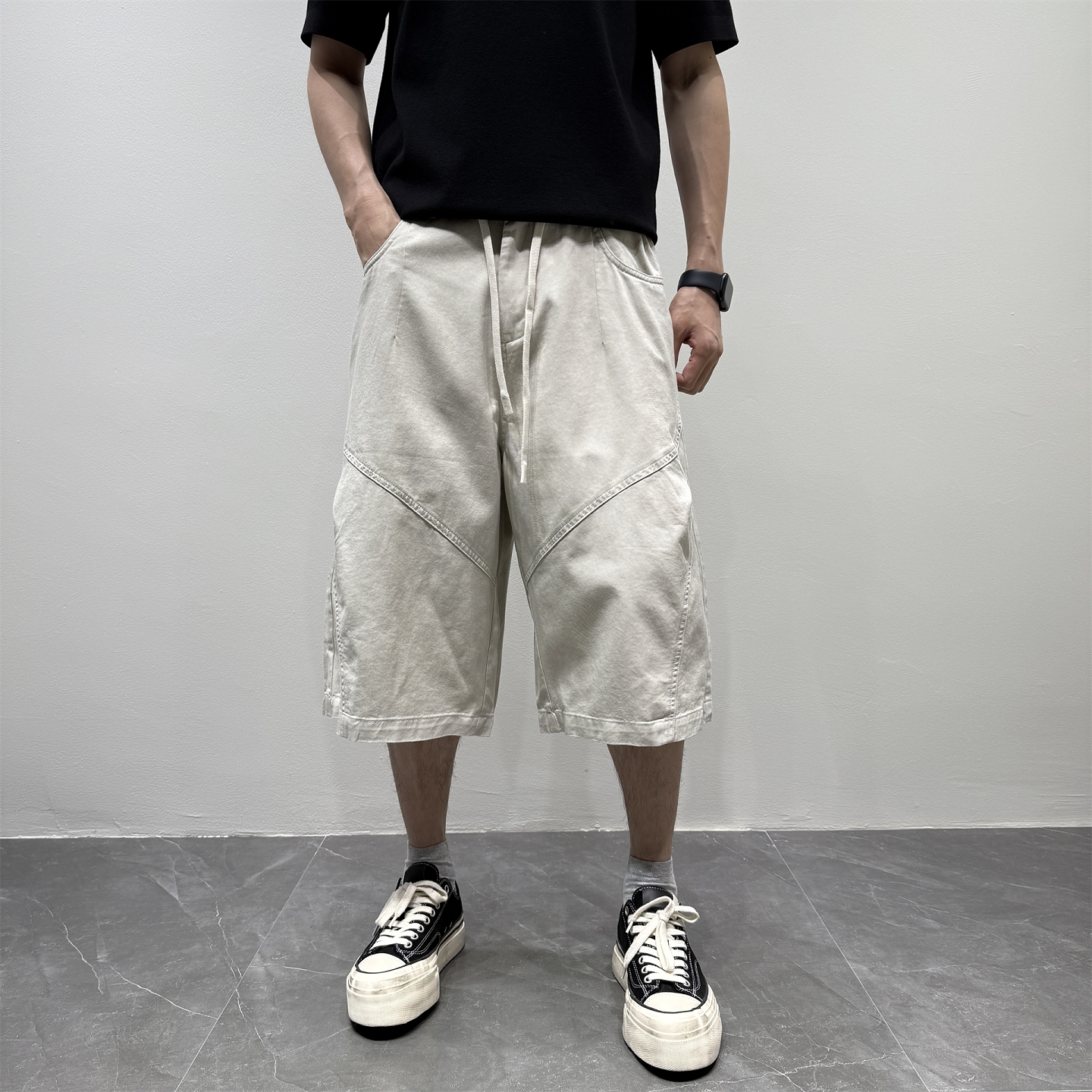 JIDERE日系复古100棉水洗休闲短裤男夏季薄款宽松阔腿立裁七分裤