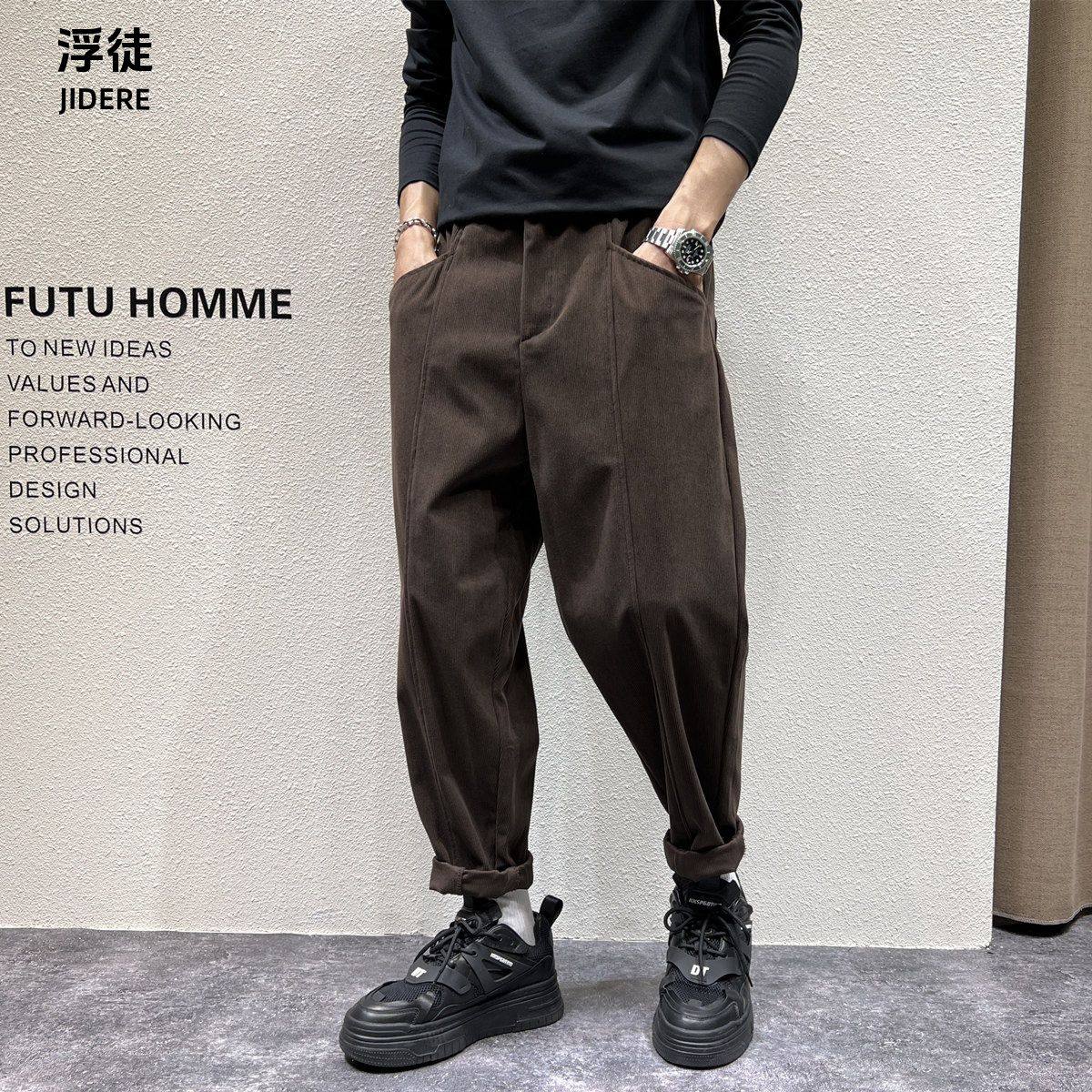 JIDERE日系复古灯芯绒条绒裤男秋冬季宽松小脚单褶剪裁休闲哈伦裤,男装,休闲裤,淘宝优惠券,粉丝福利购,淘宝优惠卷
