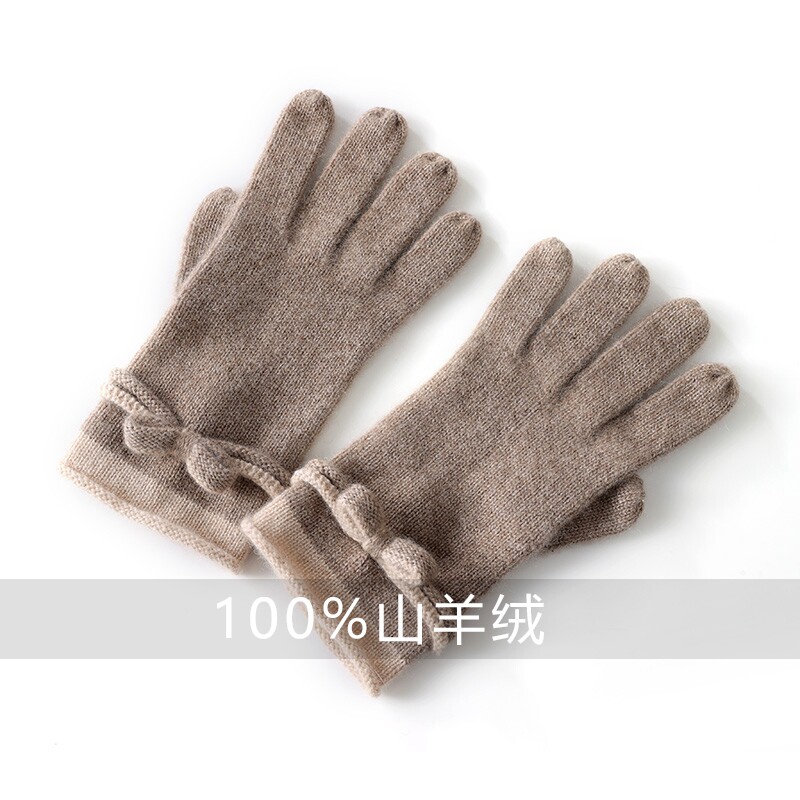 防寒保暖小蝴蝶结文艺100%纯山羊绒女士手套冬季分指手套加厚保暖