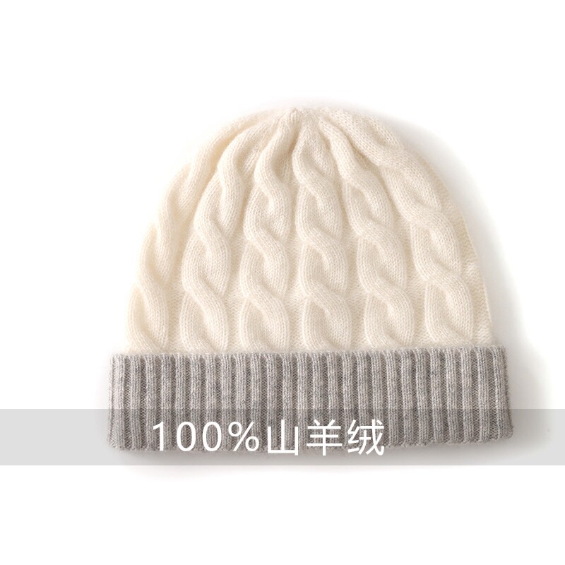 秋冬新款100%纯山羊绒帽子女麻花双股加厚针织毛线保暖护耳男女帽