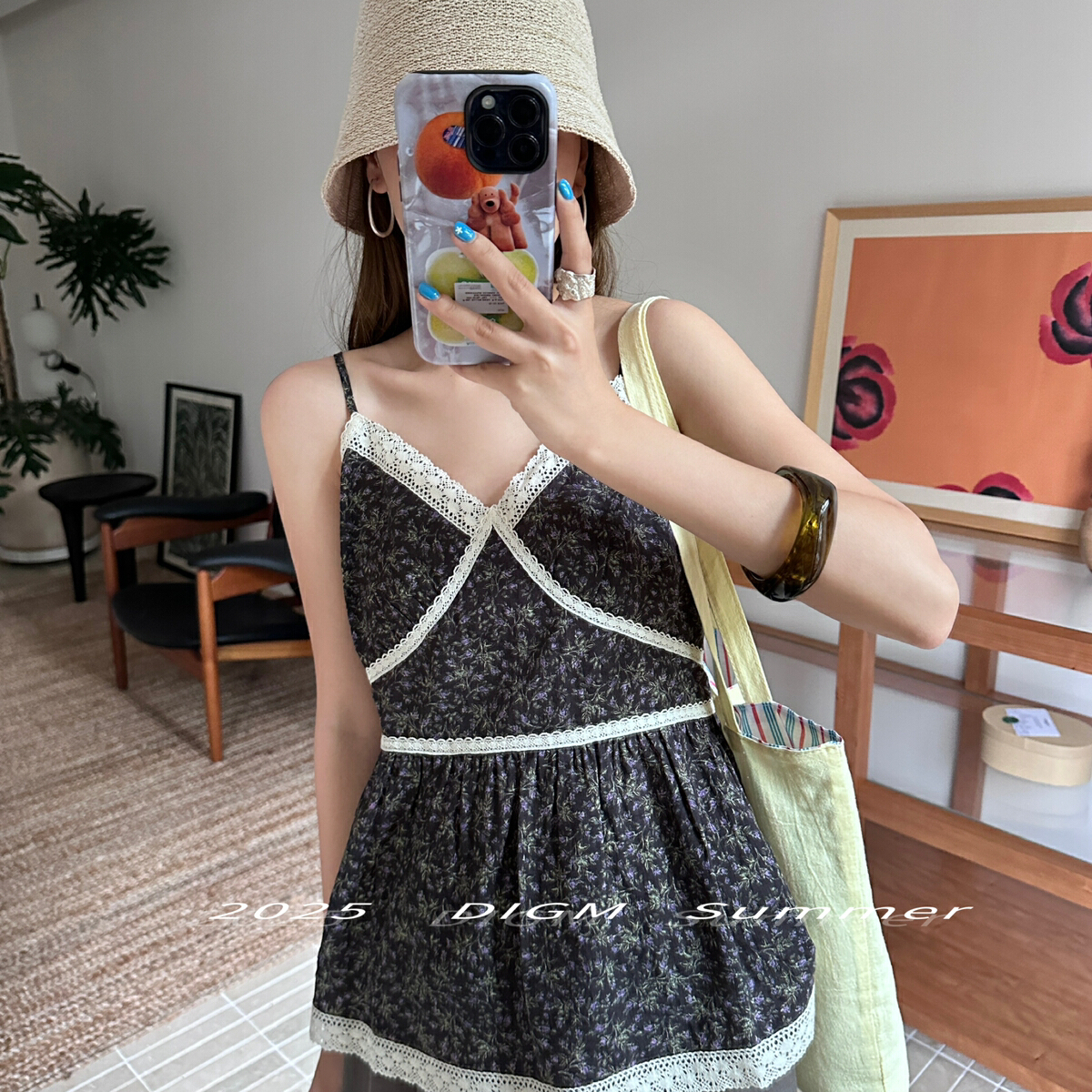 DIGM韩系甜美气质碎花雪纺衫拼蕾丝花边收腰显瘦吊带小衫 A55043