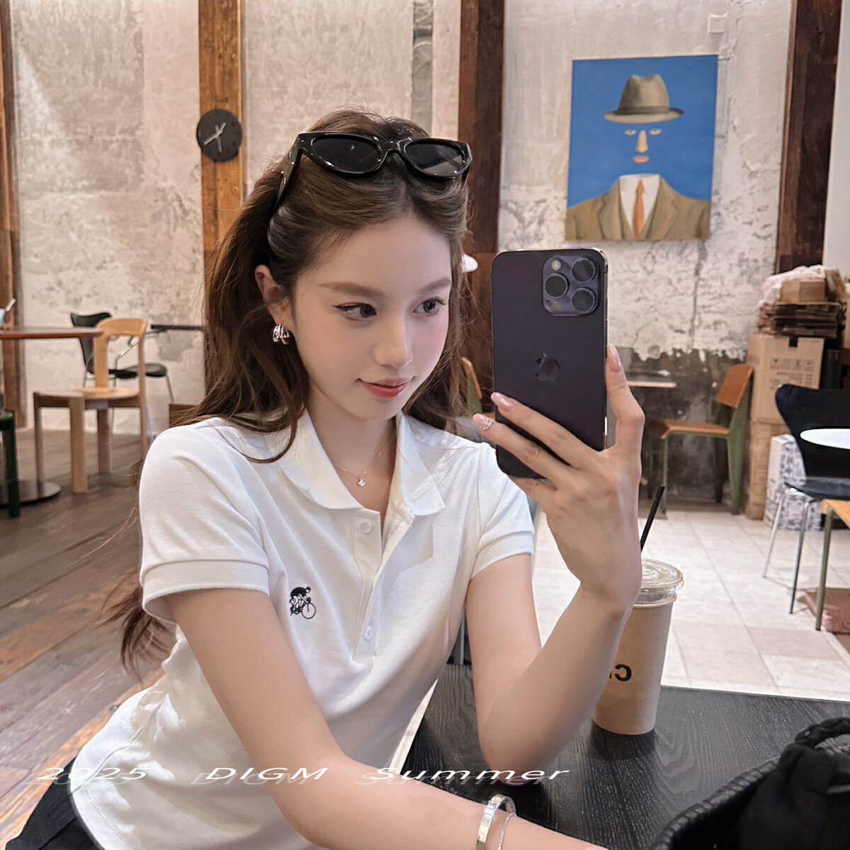 夏季新款DIGM百搭刺绣设计感正肩T恤修身显瘦短袖polo领小衫60502