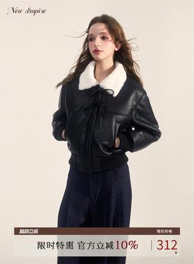 NEW EMPIRE25冬季皮毛一体机车服夹克加厚加绒黑色皮衣外套女