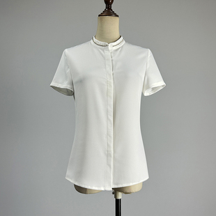 显瘦镶钻单排扣立领薄款 品牌白色短袖 修身 女2025职业装 白衬衣 衬衫