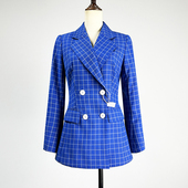 修身 品牌蓝色格子西装 女2025职业装 显瘦双排扣职场西服气质外套