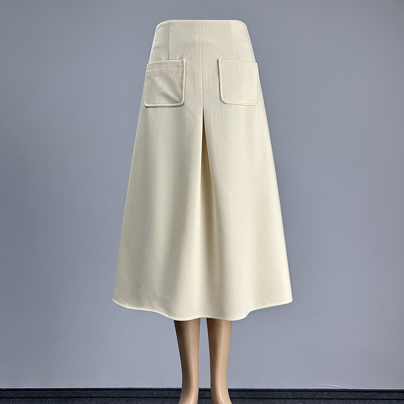 中长款米白色半身裙口袋A字裙2026欧美风高腰修身显瘦过膝大摆裙