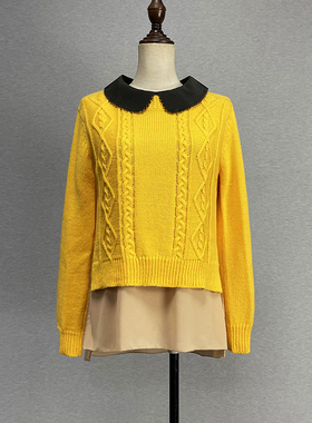 品牌折扣假两件黄色毛衣女可拆卸POLO领后背镂空弹力酒红针织衫