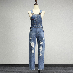 复古水洗做旧磨烂直筒牛仔背带裤 2024学院风小个子显瘦小脚九分裤