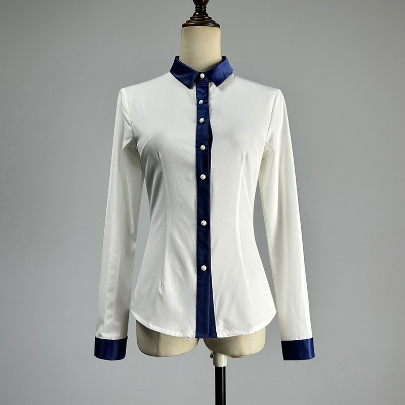 白色长袖衬衫女2025职业装弹力修身收腰单排扣POLO领制服白衬衣