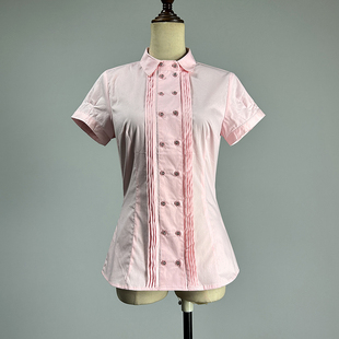 出口外贸原单粉红色短袖衬衫女2026弹力修身性感双排扣POLO领衬衣