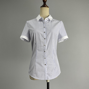 品牌蓝白条纹单排扣衬衫女2025职业装修身显瘦白领红白拼色衬衣