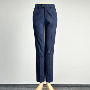 女2025职业装 直筒裤 中腰修身 包臀灰色休闲裤 藏青色条纹西装 长裤 裤