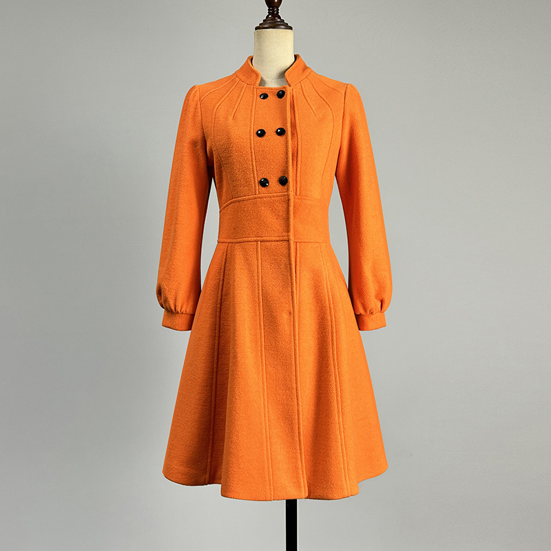 中长款桔红色双排扣立领羊毛大衣