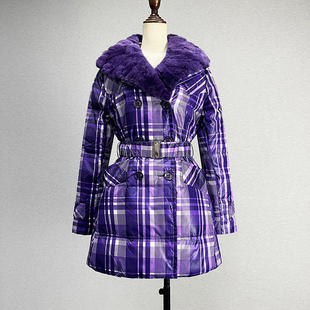 中长款紫色格子羽绒服女2025加厚保暖西装领双排扣绿色鸭绒外套