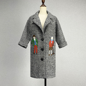 中长款 领单排扣刺绣花外套 西装 灰色七分袖 毛呢大衣女2024秋冬修身