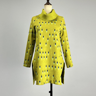 侧开衩羊毛衫 女2026弹力修身 连衣裙 高领毛衣针织衫 品牌绿色插肩袖