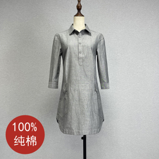 圆摆包臀裙 显瘦POLO领单排七分袖 品牌折扣中长款 纯棉连衣裙女修身