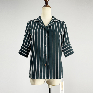 衬衫 领单排扣中袖 女2025职业装 西装 白衬衣 修身 品牌绿色条纹五分袖