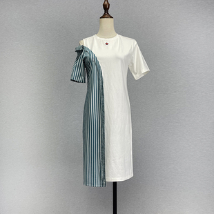 五星绣花直筒包臀裙 连衣裙女2023弹力修身 品牌折扣中长款 条纹短袖