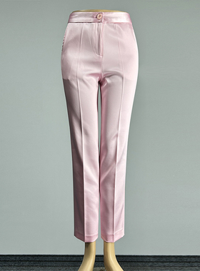 品牌粉红色西装裤直筒裤女2025职业装中腰修身性感光泽九分裤西裤