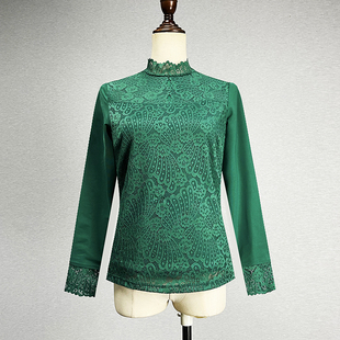 镂空性感立领红色保暖打底衫 女2025弹力修身 蕾丝衫 绿色加绒九分袖