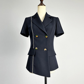 藏青色双排扣西装 女2025修身 显瘦高档薄款 品牌职业装 短袖 西服外套